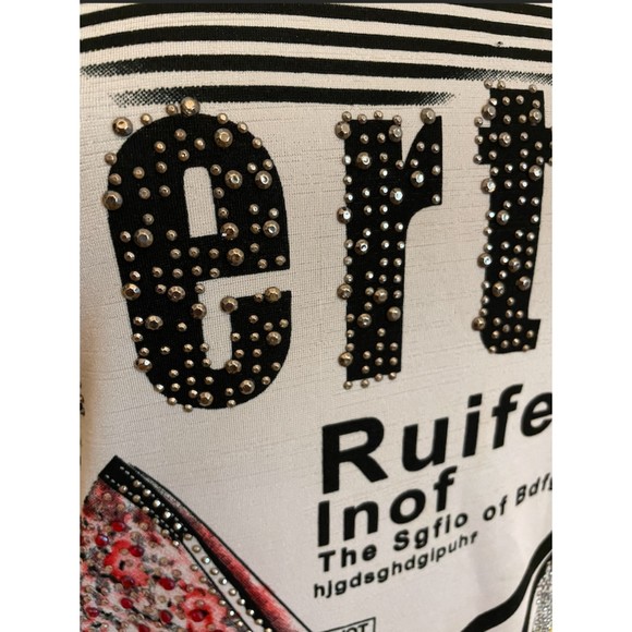 Striped Puffy Sleeve Short Sleeve High Heeled Shoe Studded Top - Picture 3 of 11